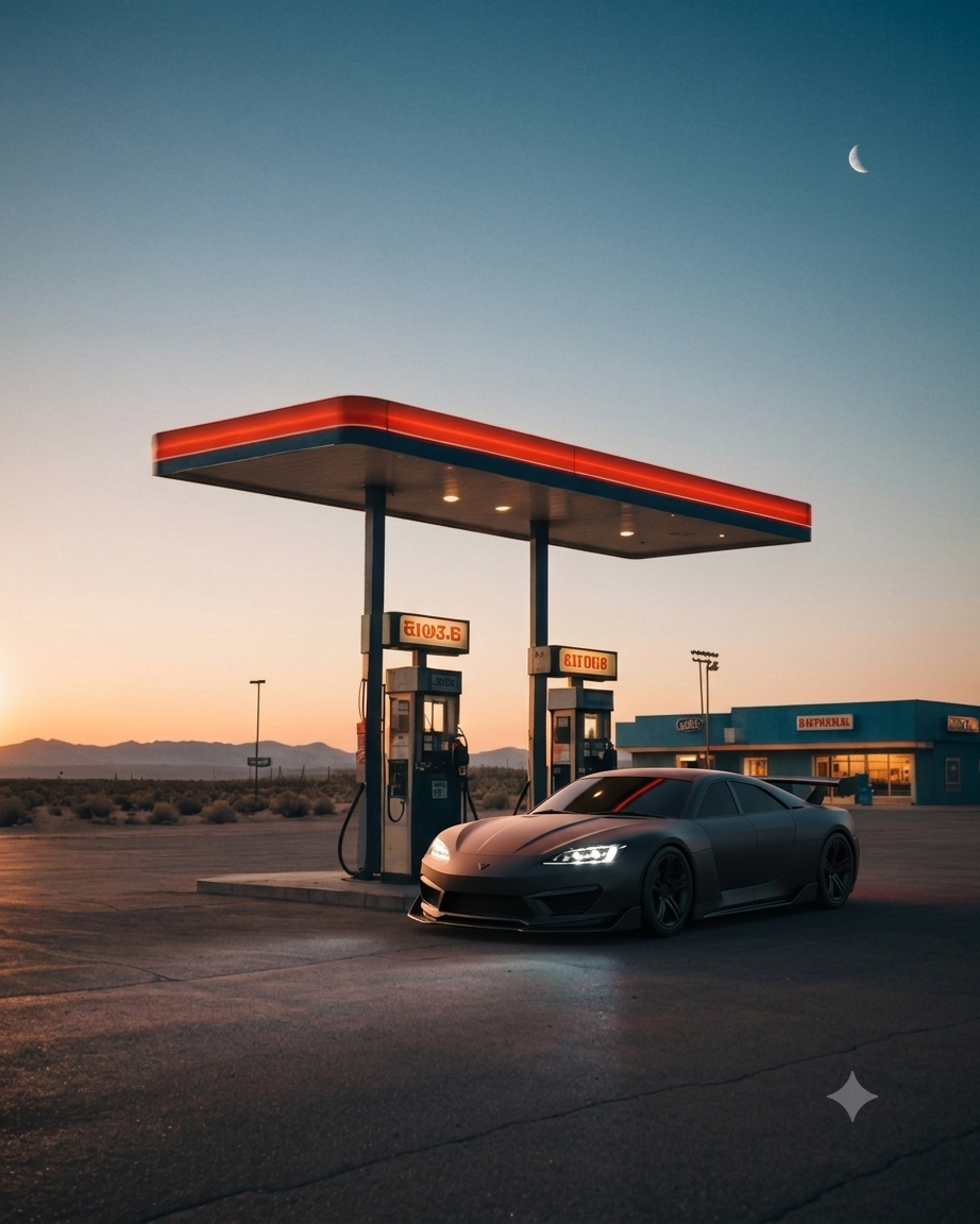 SYFRA S1 an einer Tankstelle bei Dämmerung